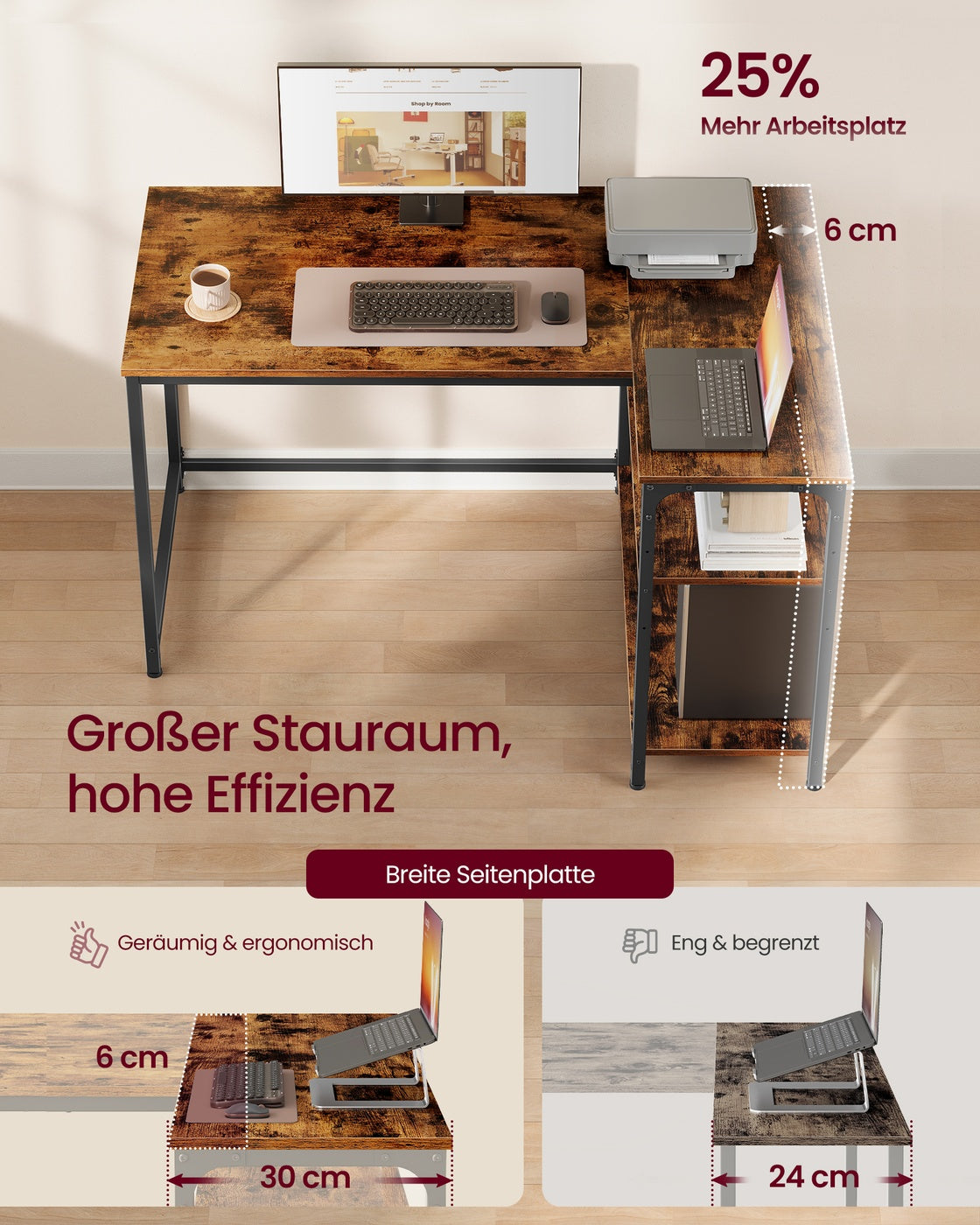Eckschreibtisch in L Form mit Stauraum für Homeoffice vintagebraun