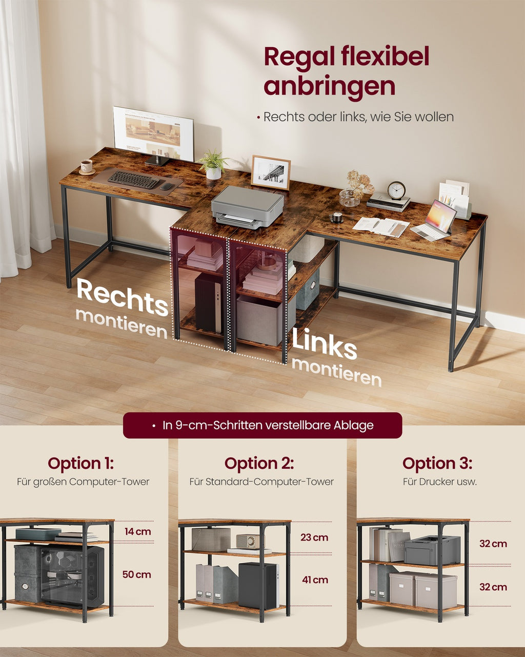 Eckschreibtisch in L Form mit Stauraum für Homeoffice vintagebraun