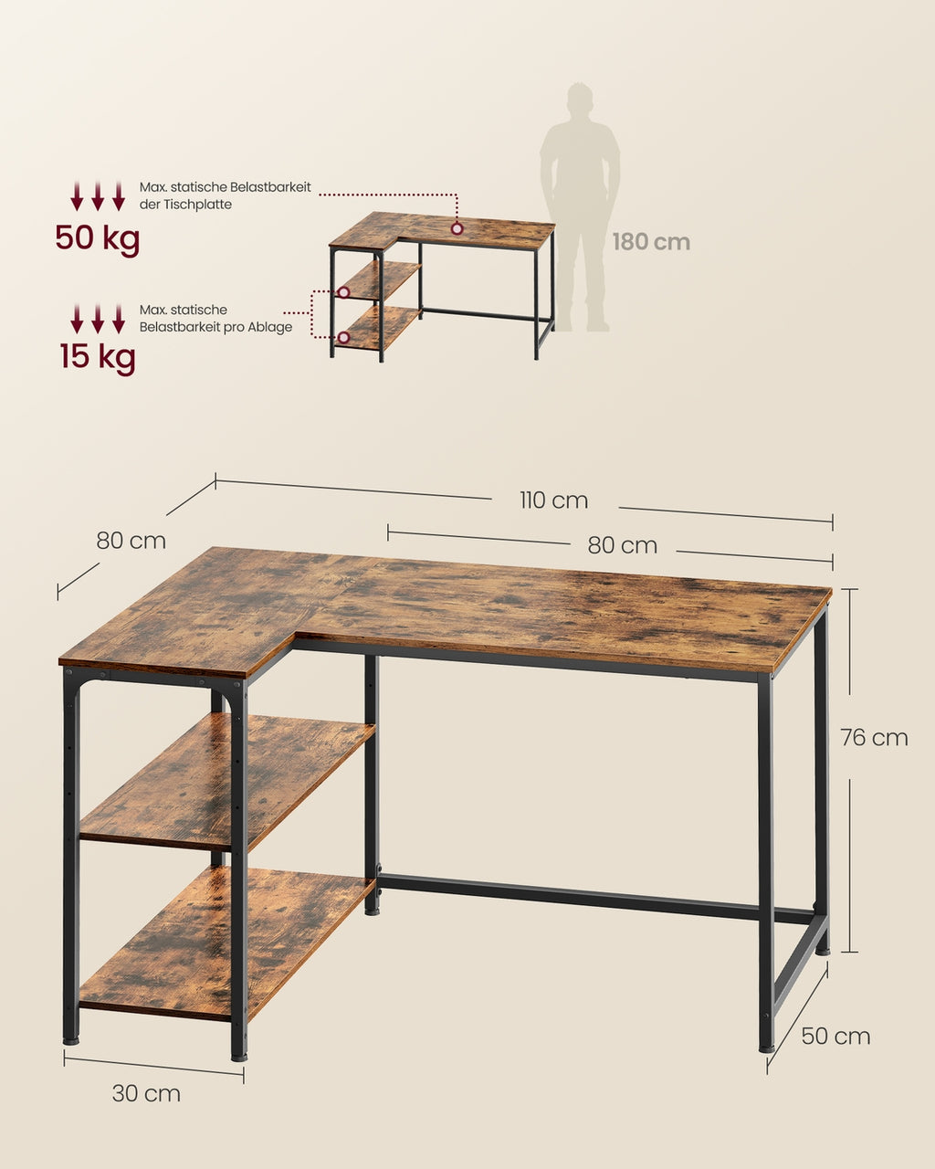 Eckschreibtisch in L Form mit Stauraum für Homeoffice vintagebraun