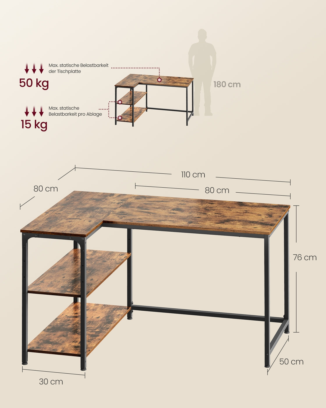 Eckschreibtisch in L Form mit Stauraum für Homeoffice vintagebraun