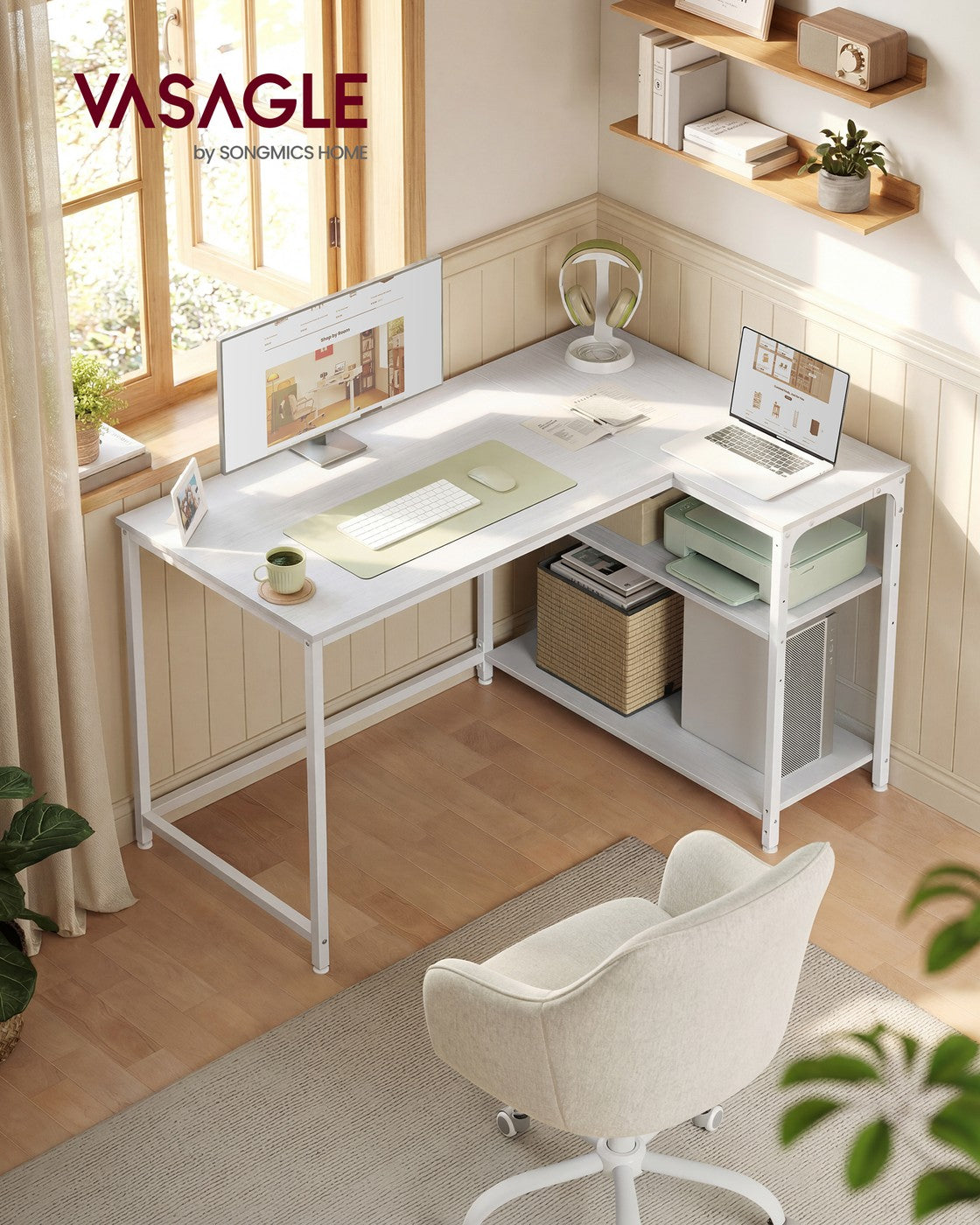 Eckschreibtisch in L-Form höhenverstellbare Ablage 110 x 80 cm ahornweiß