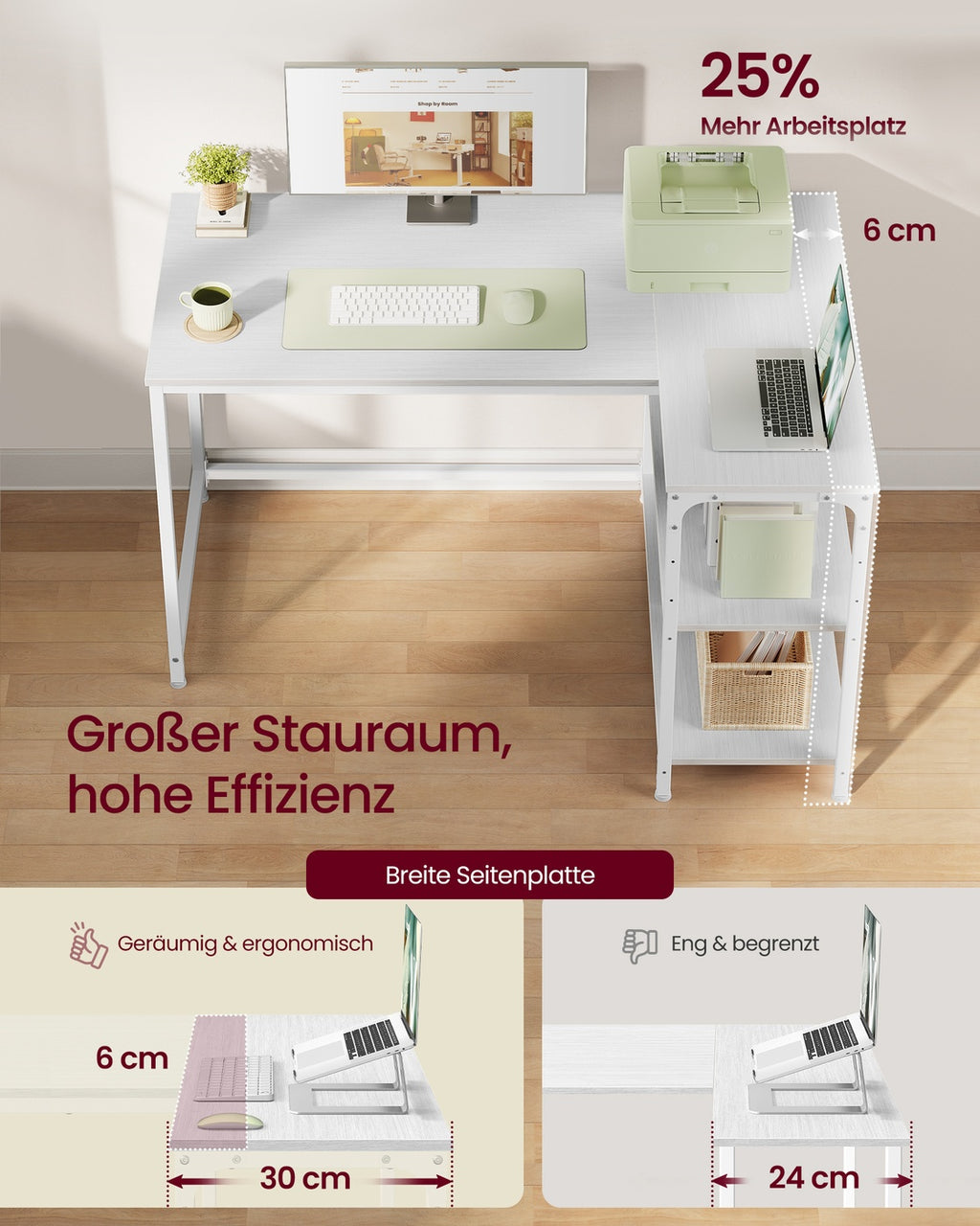 Eckschreibtisch in L-Form höhenverstellbare Ablage 110 x 80 cm ahornweiß