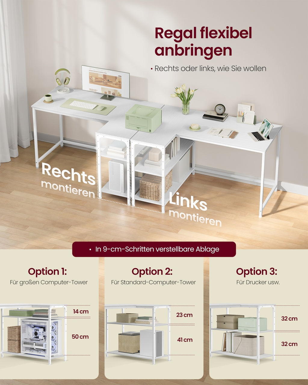 Eckschreibtisch in L-Form höhenverstellbare Ablage 110 x 80 cm ahornweiß