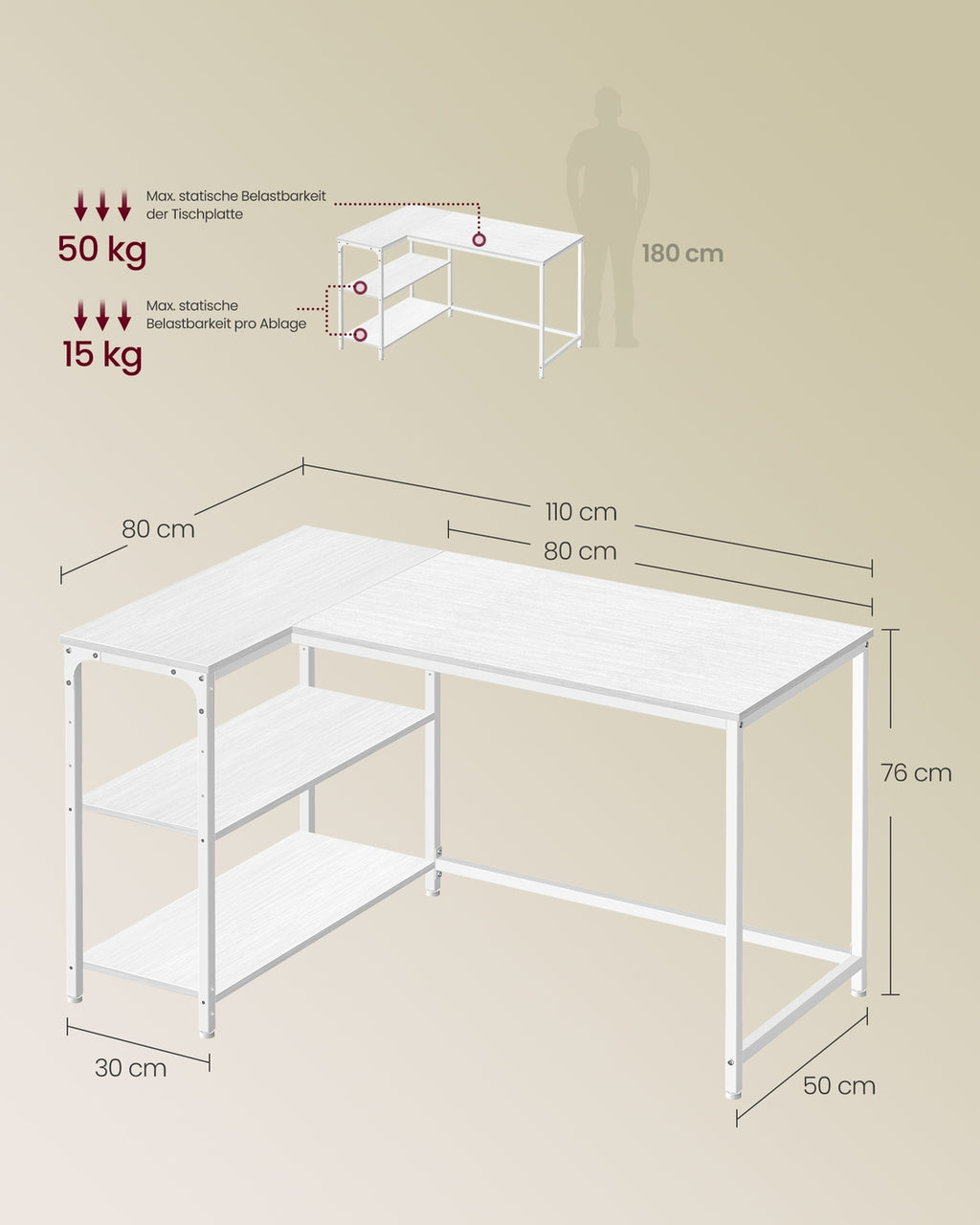 Eckschreibtisch in L-Form höhenverstellbare Ablage 110 x 80 cm ahornweiß