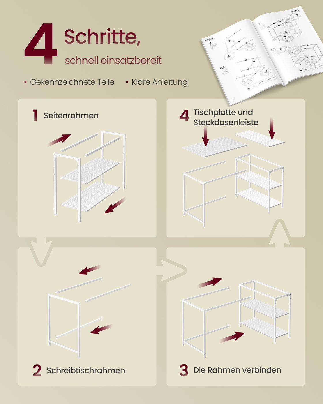 Eckschreibtisch in L-Form höhenverstellbare Ablage 110 x 80 cm ahornweiß