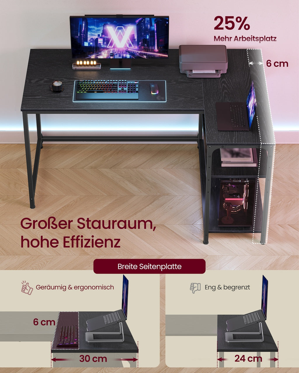 Eckschreibtisch in L-Form höhenverstellbare Ablage 120 x 80 cm ebenholzschwarz