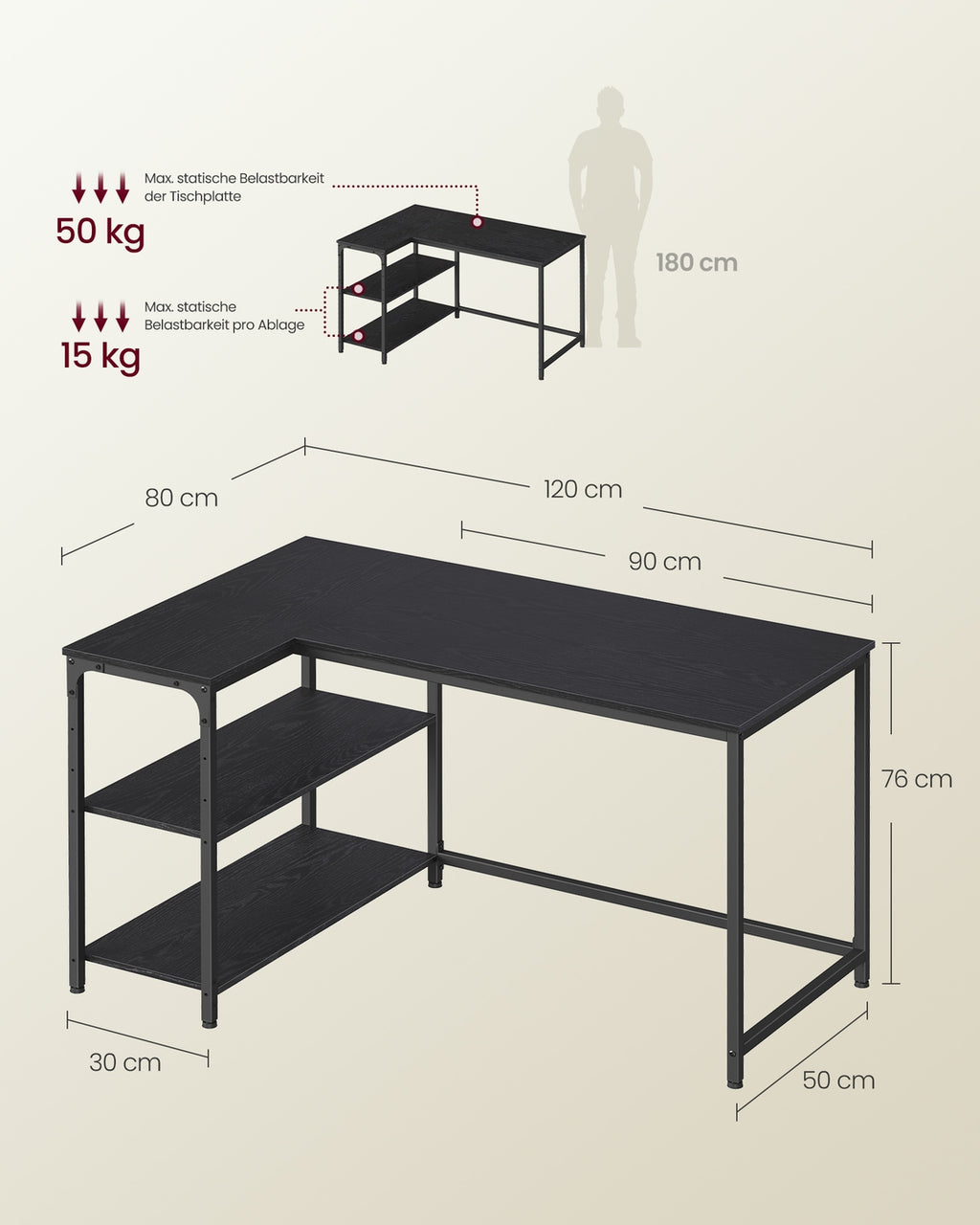 Eckschreibtisch in L-Form höhenverstellbare Ablage 120 x 80 cm ebenholzschwarz