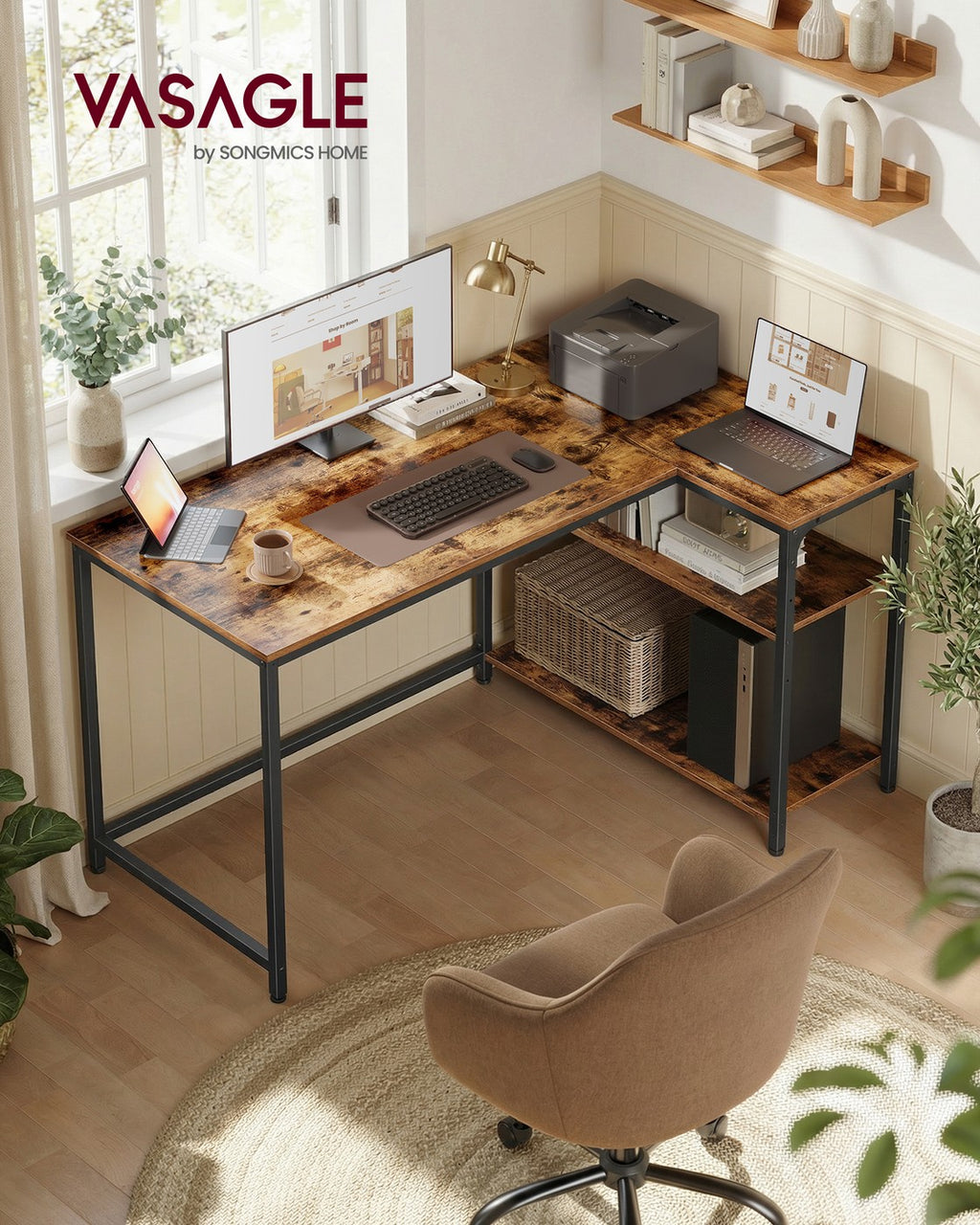 Eckschreibtisch in L-Form höhenverstellbare Ablage 120 x 80 cm vintagebraun