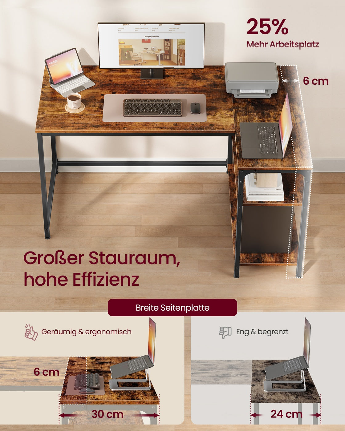 Eckschreibtisch in L-Form höhenverstellbare Ablage 120 x 80 cm vintagebraun