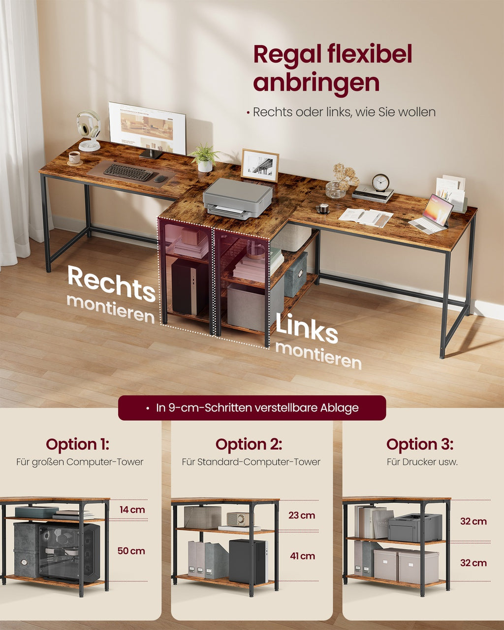 Eckschreibtisch in L-Form höhenverstellbare Ablage 120 x 80 cm vintagebraun