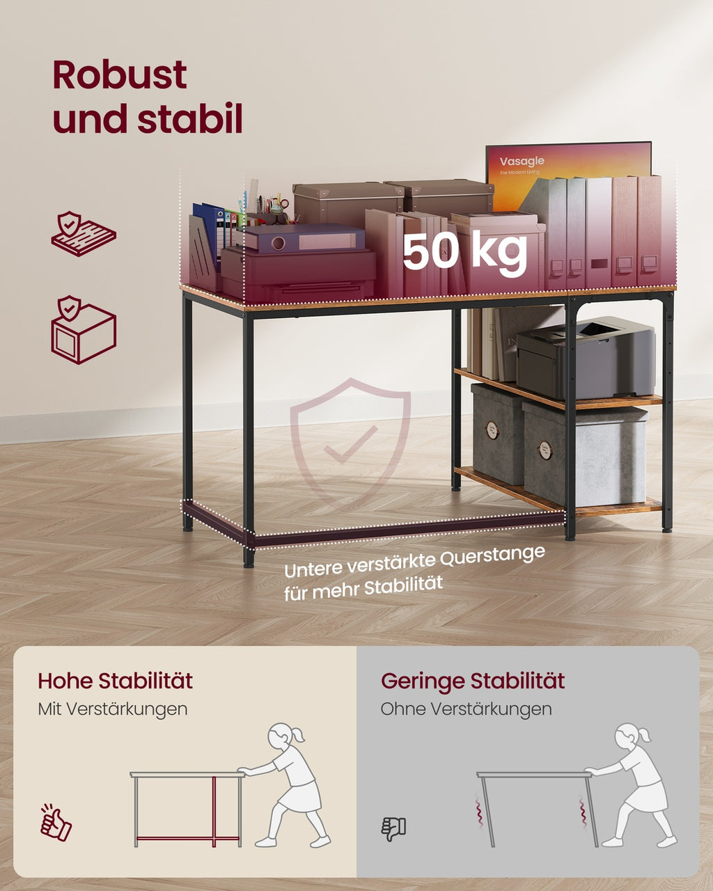 Eckschreibtisch in L-Form höhenverstellbare Ablage 120 x 80 cm vintagebraun