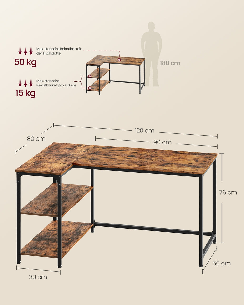 Eckschreibtisch in L-Form höhenverstellbare Ablage 120 x 80 cm vintagebraun
