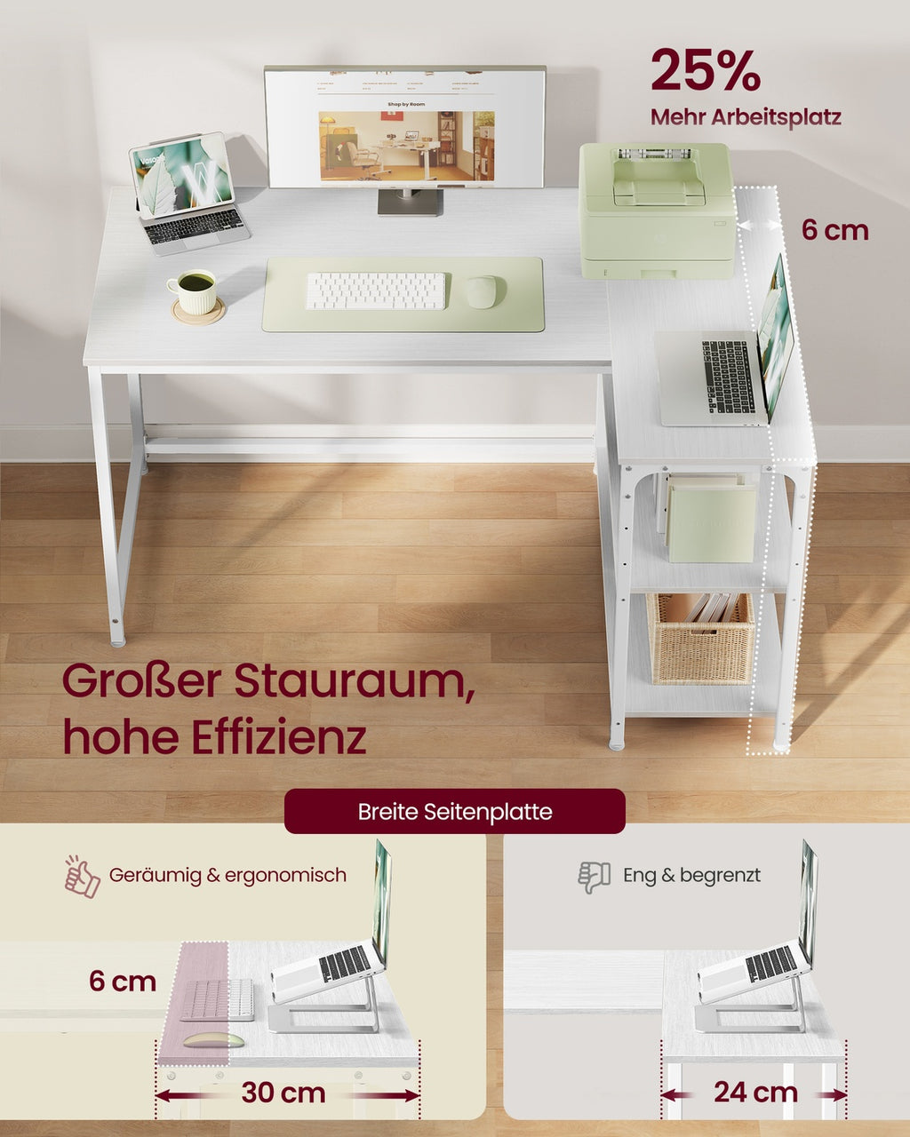 Eckschreibtisch in L-Form höhenverstellbare Ablage 120 x 80 cm ahornweiß