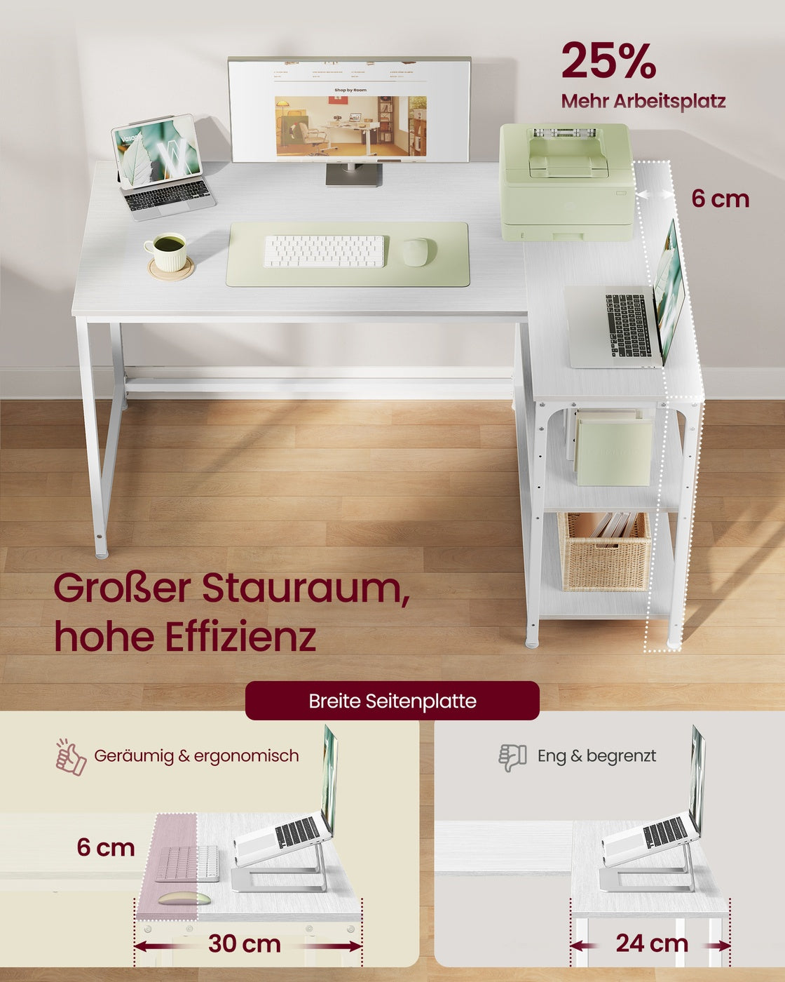 Eckschreibtisch in L-Form höhenverstellbare Ablage 120 x 80 cm ahornweiß