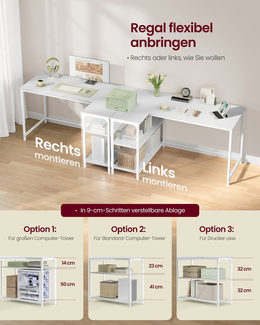 Eckschreibtisch in L-Form höhenverstellbare Ablage 120 x 80 cm ahornweiß