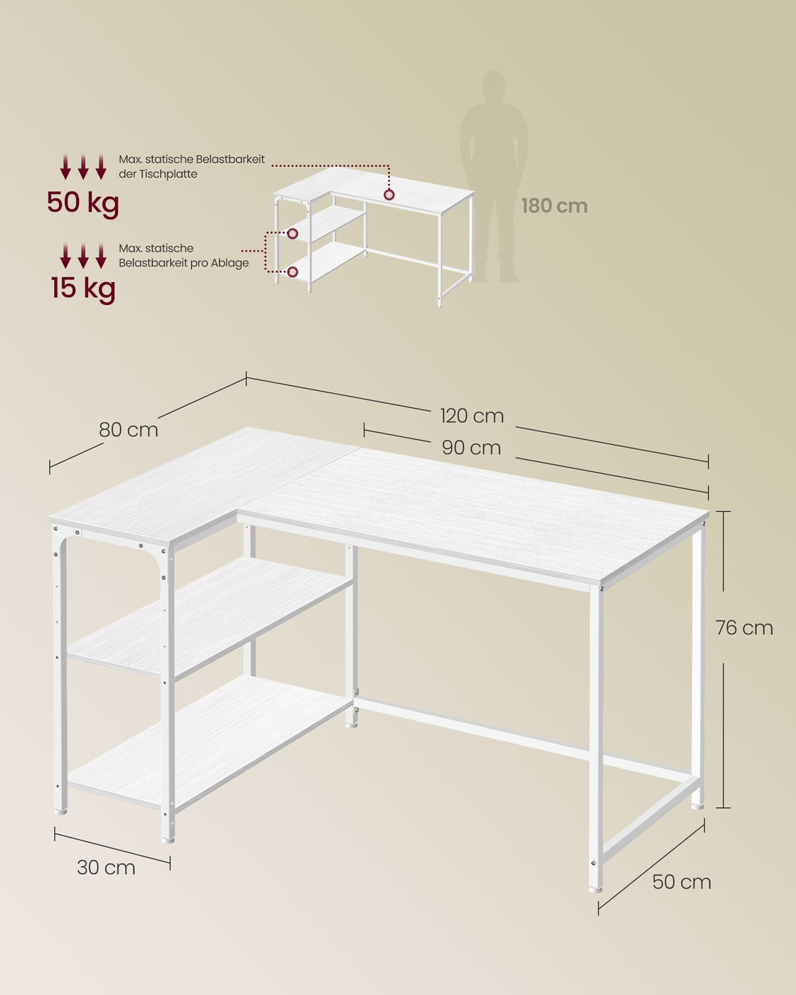 Eckschreibtisch in L-Form höhenverstellbare Ablage 120 x 80 cm ahornweiß
