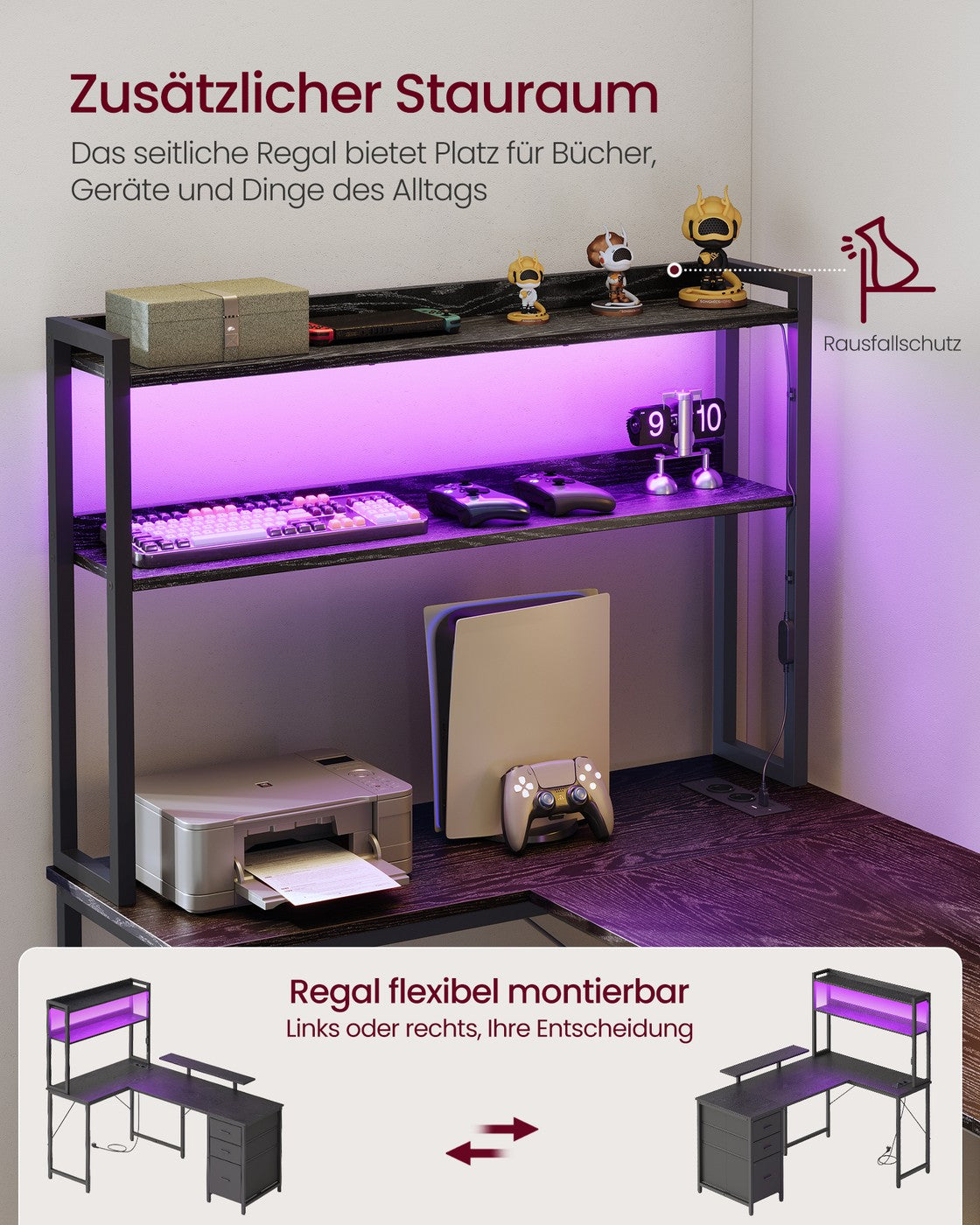 Eckschreibtisch L-Form schwarz 140x100x150 cm mit LED