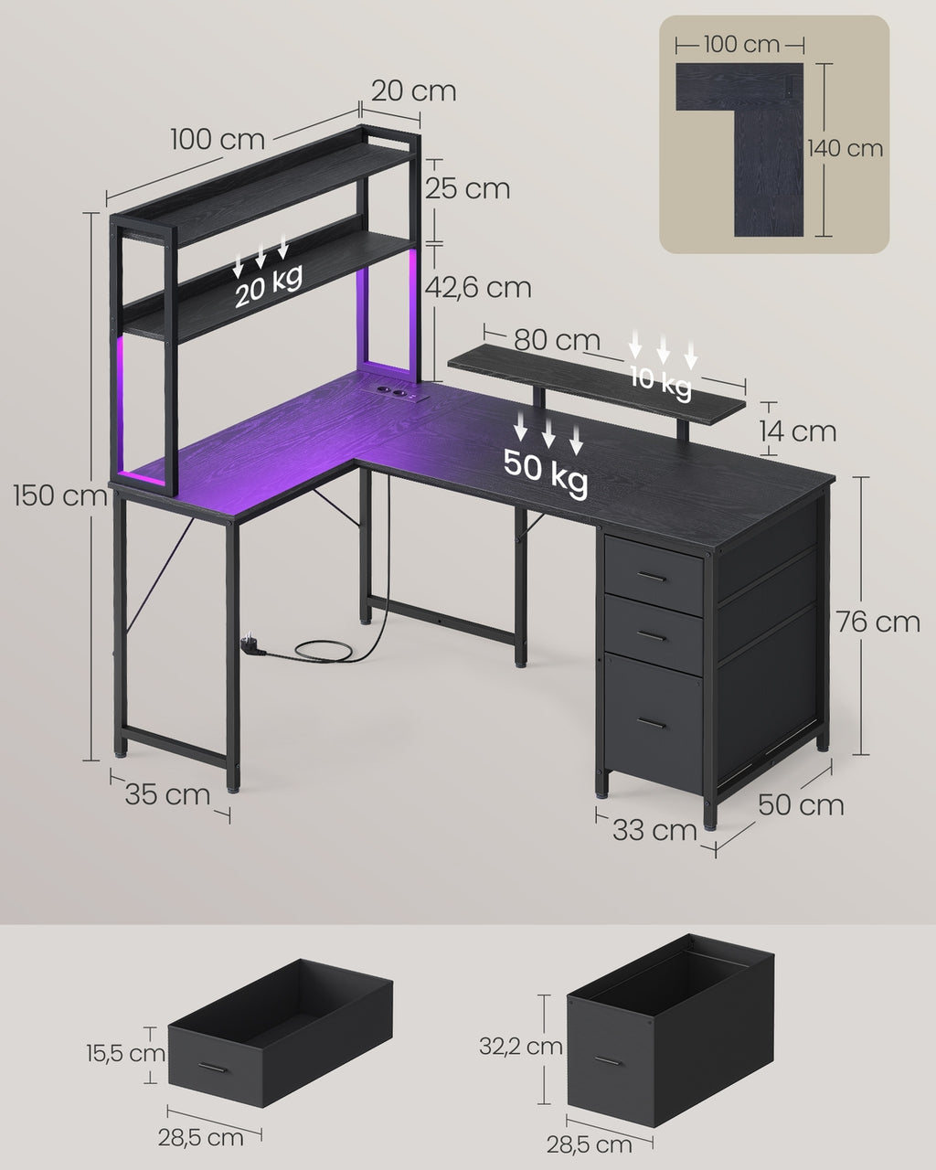 Eckschreibtisch L-Form schwarz 140x100x150 cm mit LED