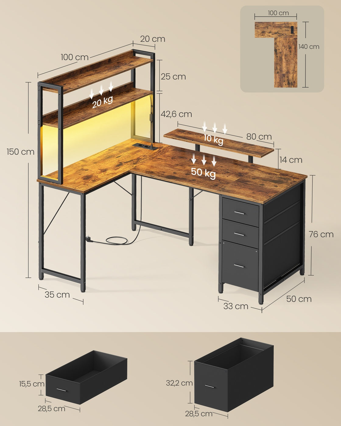 Eckschreibtisch L-Form vintagebraun-schwarz 140x100x150 cm LED