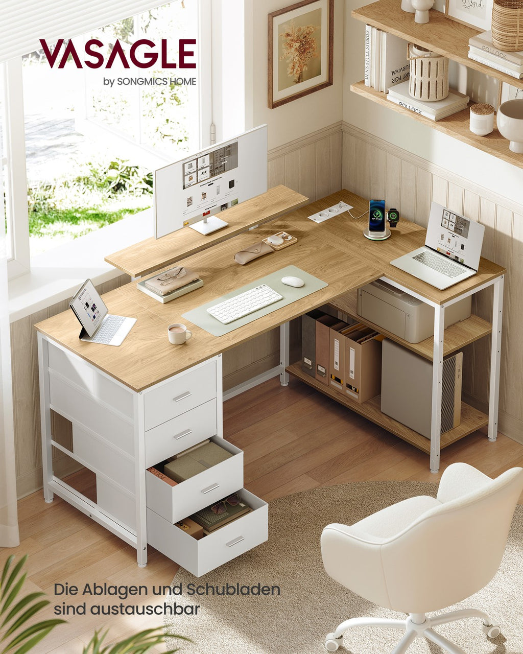 Eckschreibtisch L-Form weizengelb-mattweiß 140x80 cm USB
