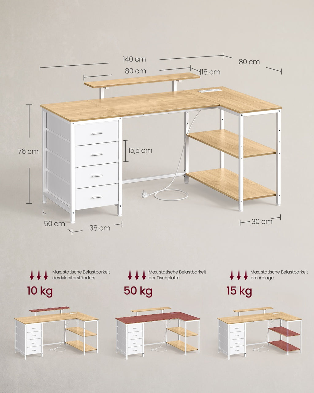 Eckschreibtisch L-Form weizengelb-mattweiß 140x80 cm USB