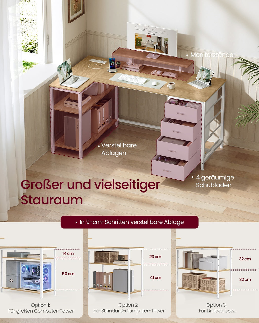 Eckschreibtisch L-Form weizengelb-mattweiß 140x80 cm USB