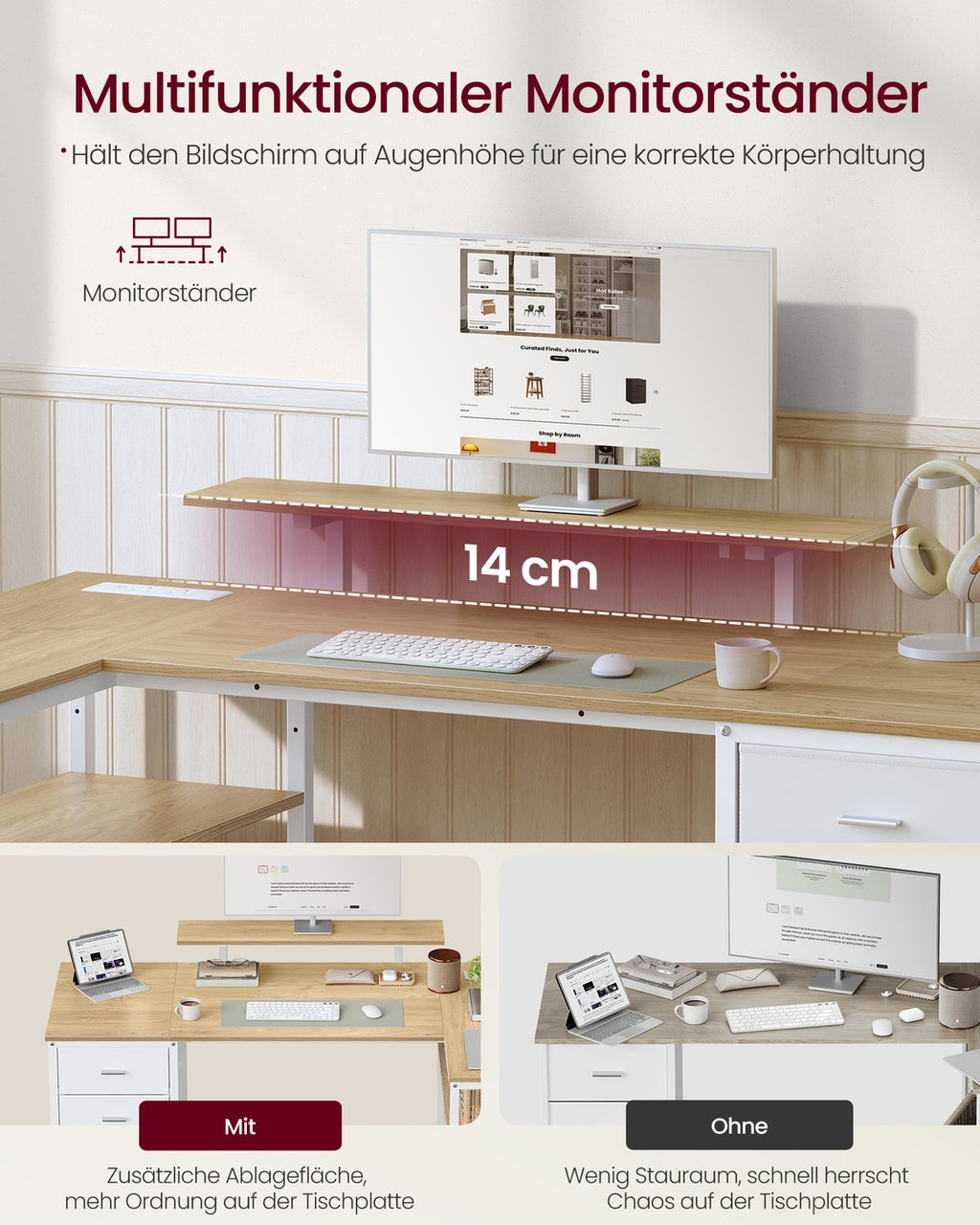 Eckschreibtisch L-Form weizengelb-mattweiß 140x80 cm USB