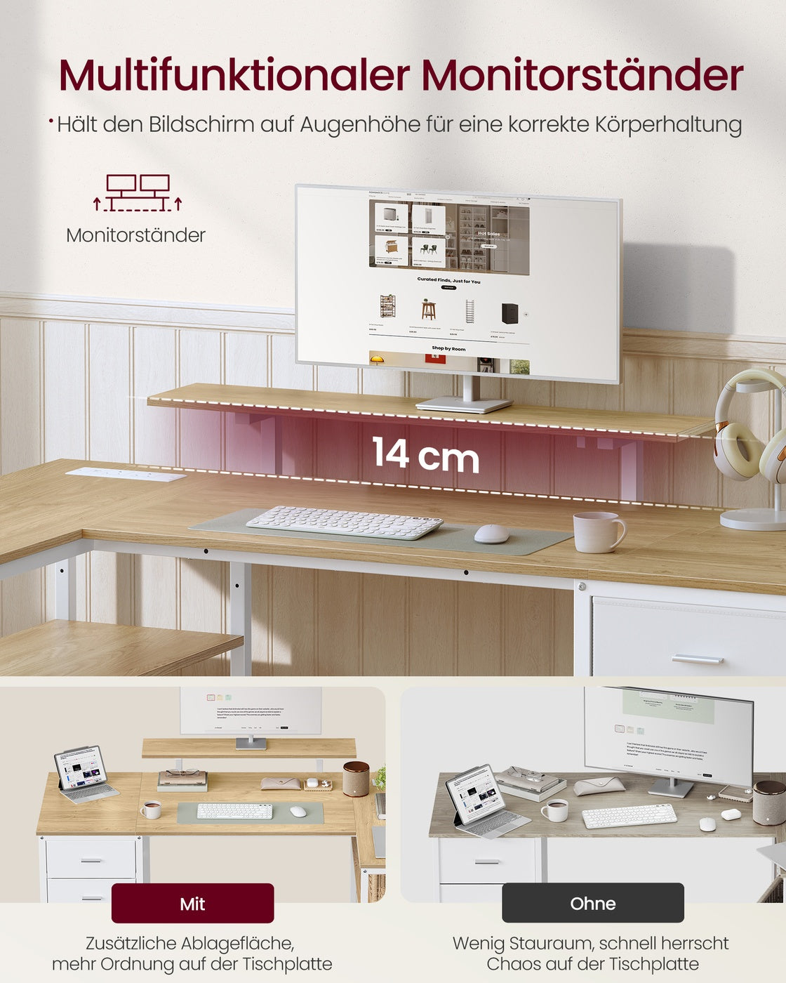 Eckschreibtisch L-Form weizengelb-mattweiß 140x80 cm USB