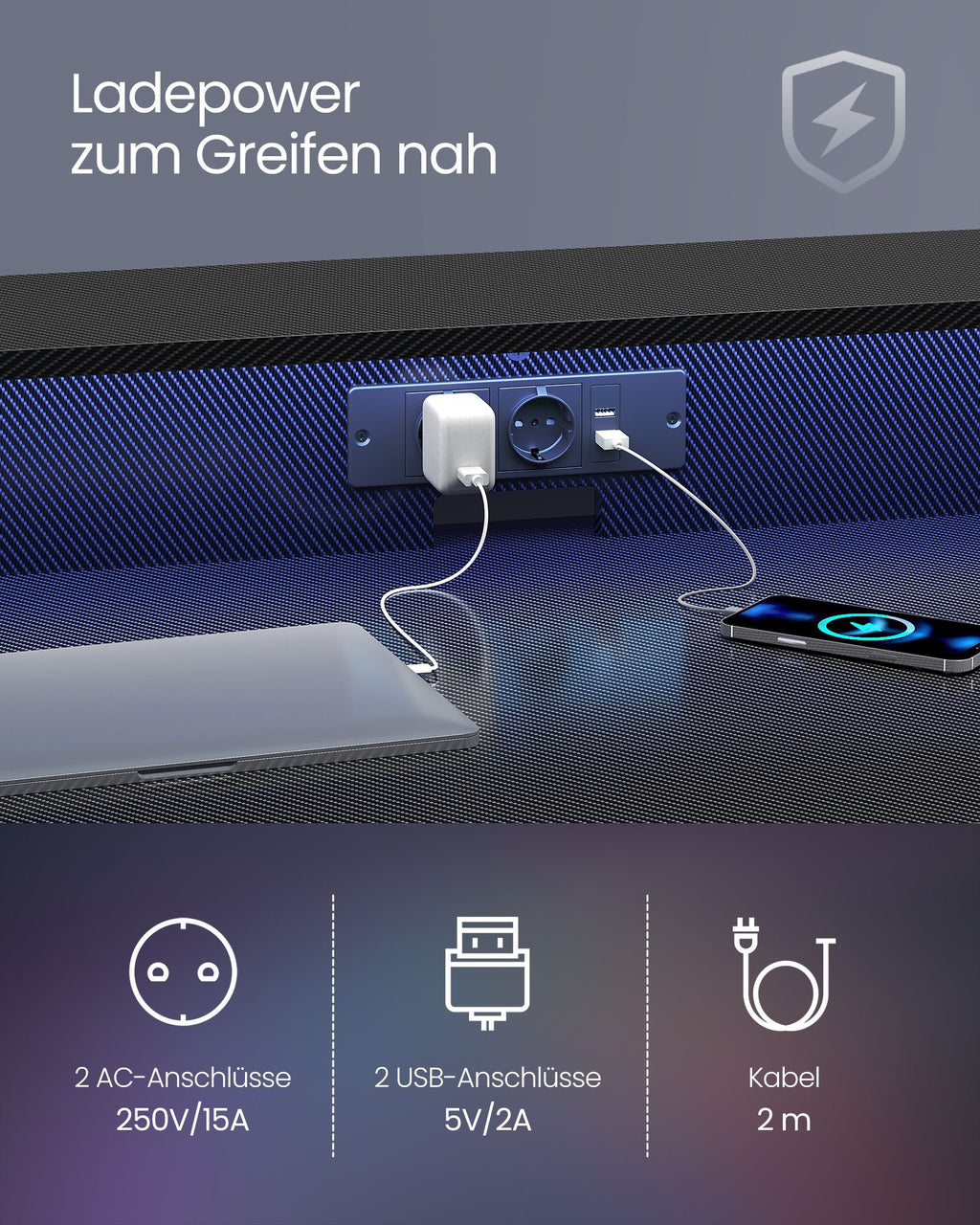 Schreibtisch mit Steckdosenleiste 60 x 100 x 76 cm rußschwarz