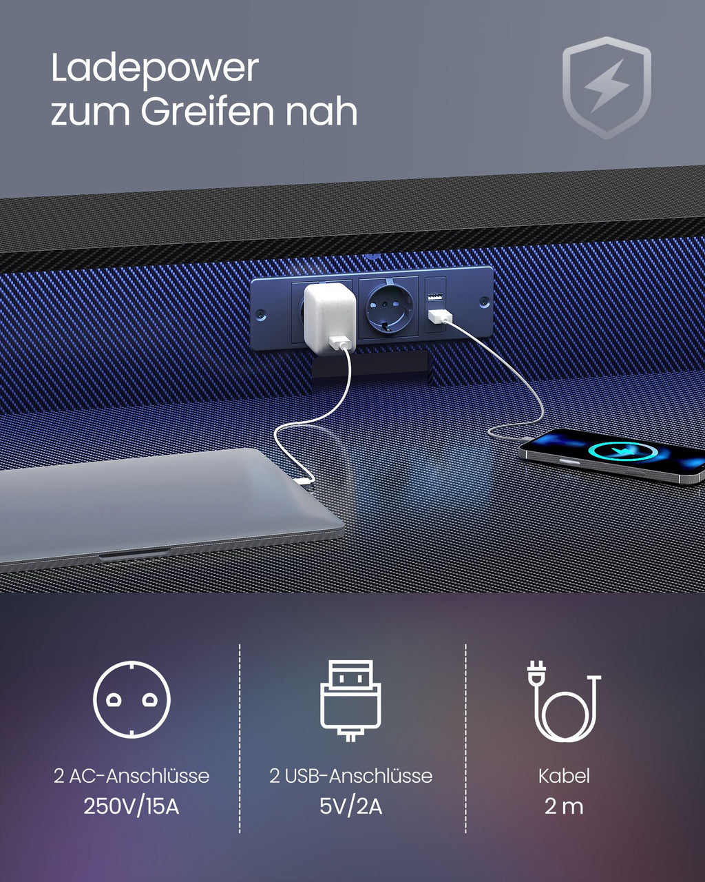 Schreibtisch mit Steckdosenleiste 60 x 120 x 76 cm rußschwarz