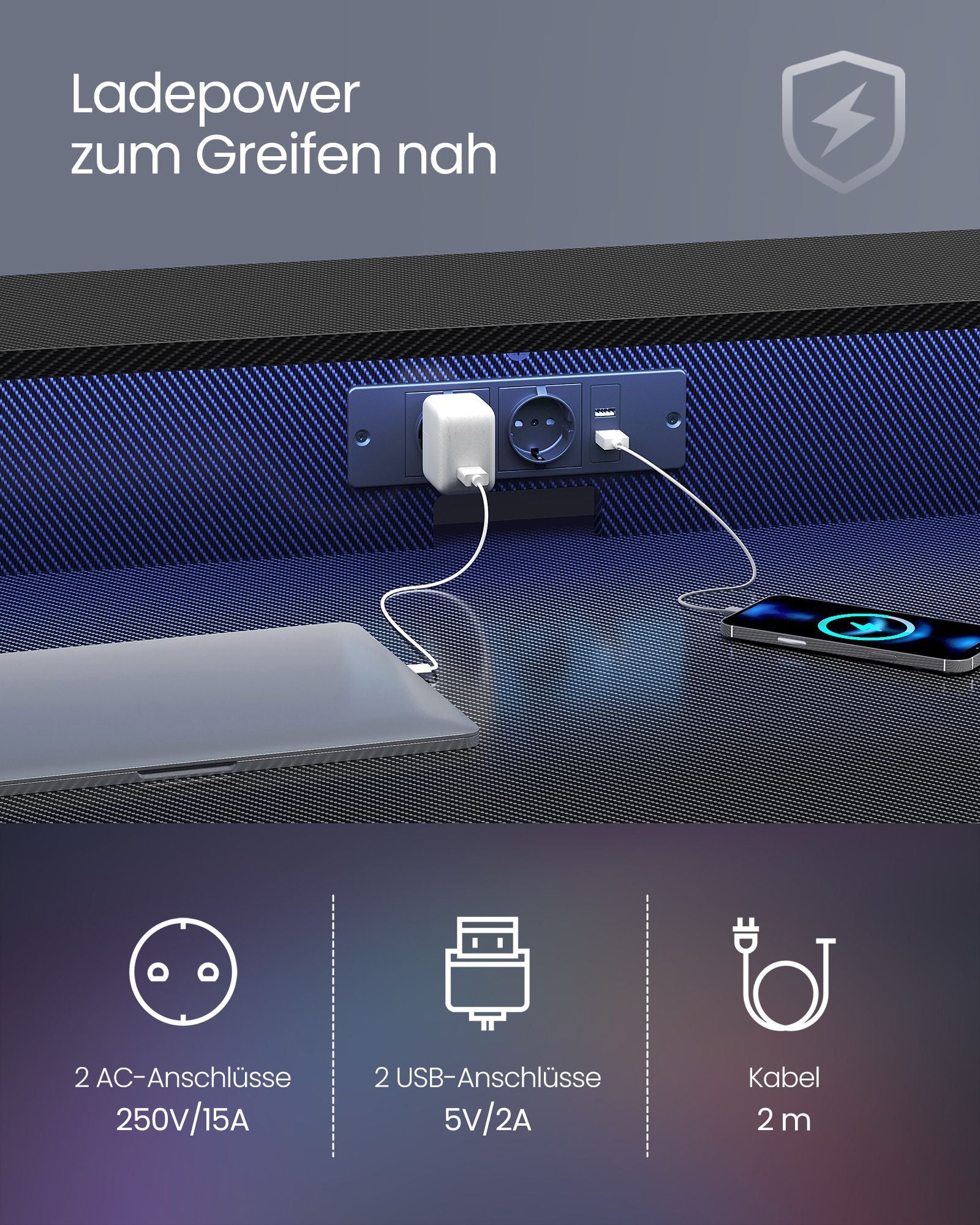 Schreibtisch mit Steckdosenleiste 60 x 120 x 76 cm rußschwarz