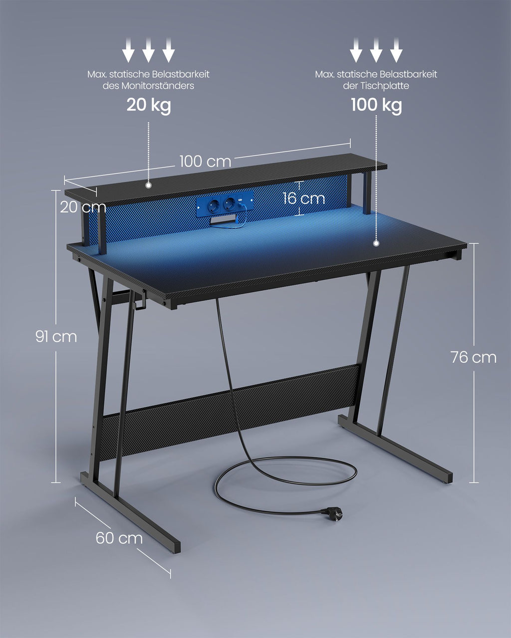 Schreibtisch mit Steckdosenleiste 60 x 120 x 76 cm rußschwarz