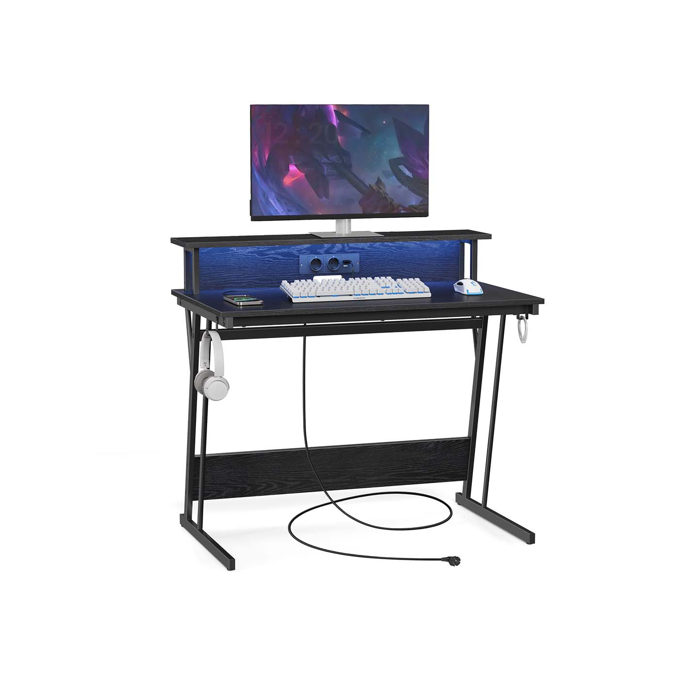 Schreibtisch mit Steckdosen 100 x 60 x 76 cm schwarz mit Holzmaserung