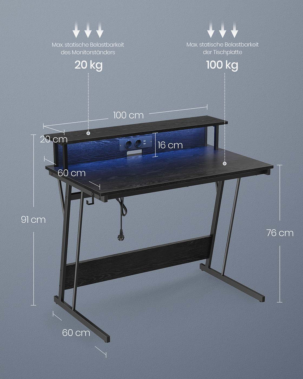 Schreibtisch mit Steckdosen 100 x 60 x 76 cm schwarz mit Holzmaserung