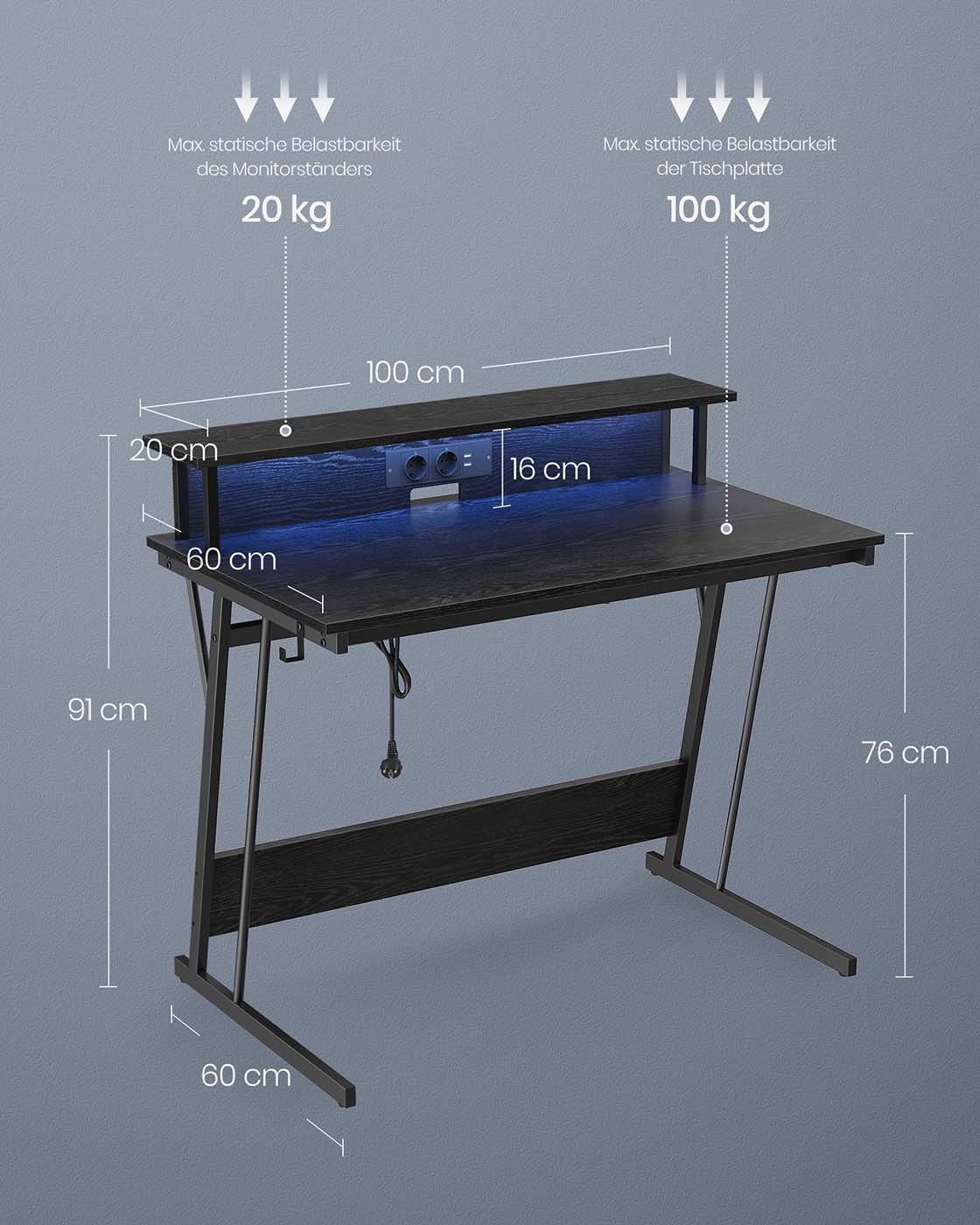 Schreibtisch mit Steckdosen 100 x 60 x 76 cm schwarz mit Holzmaserung