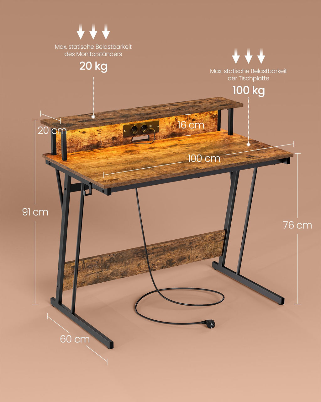 Schreibtisch mit Steckdosenleiste 60 x 100 x 76 cm vintagebraun