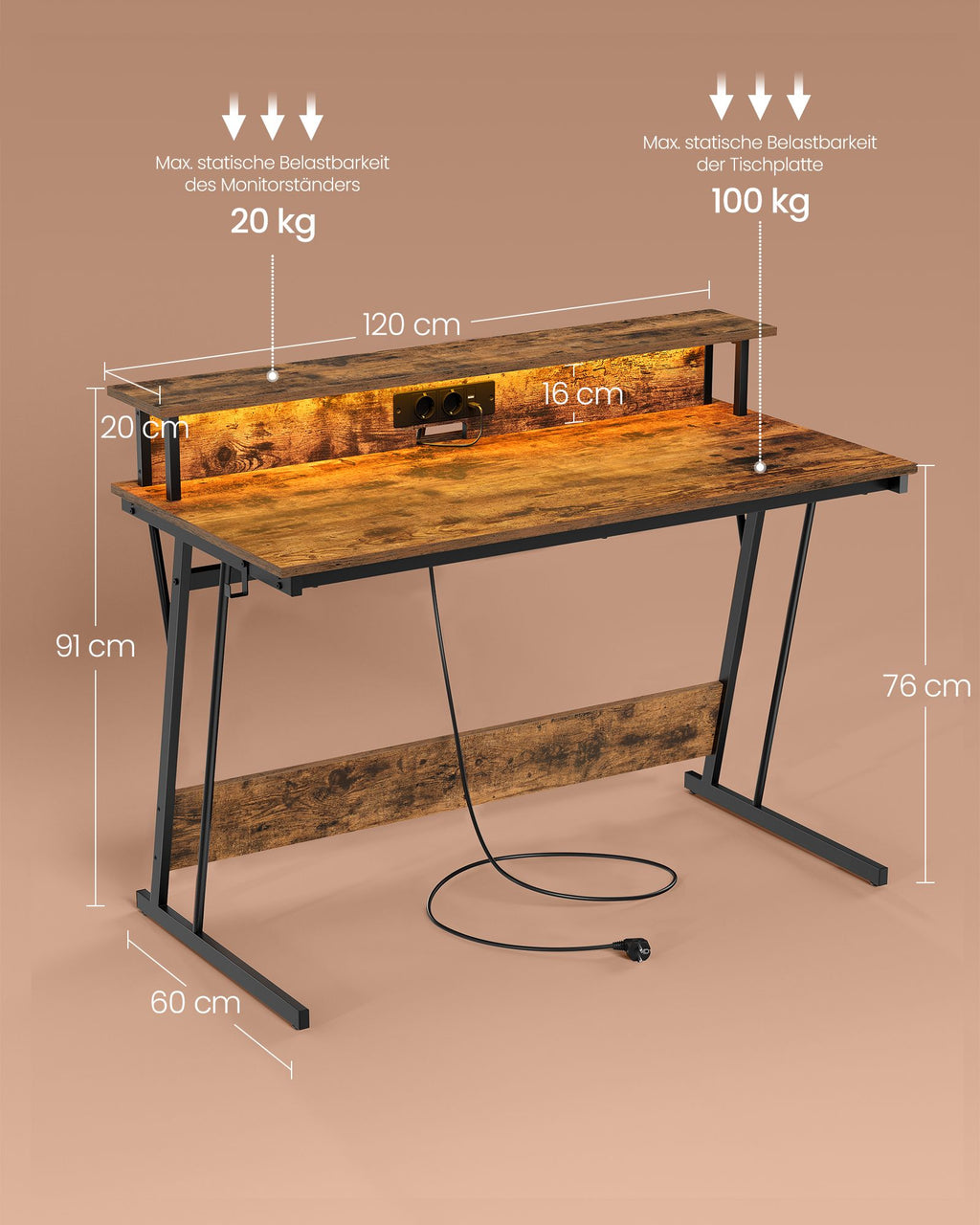 Schreibtisch mit Steckdosenleiste 60 x 120 x 76 cm vintagebraun