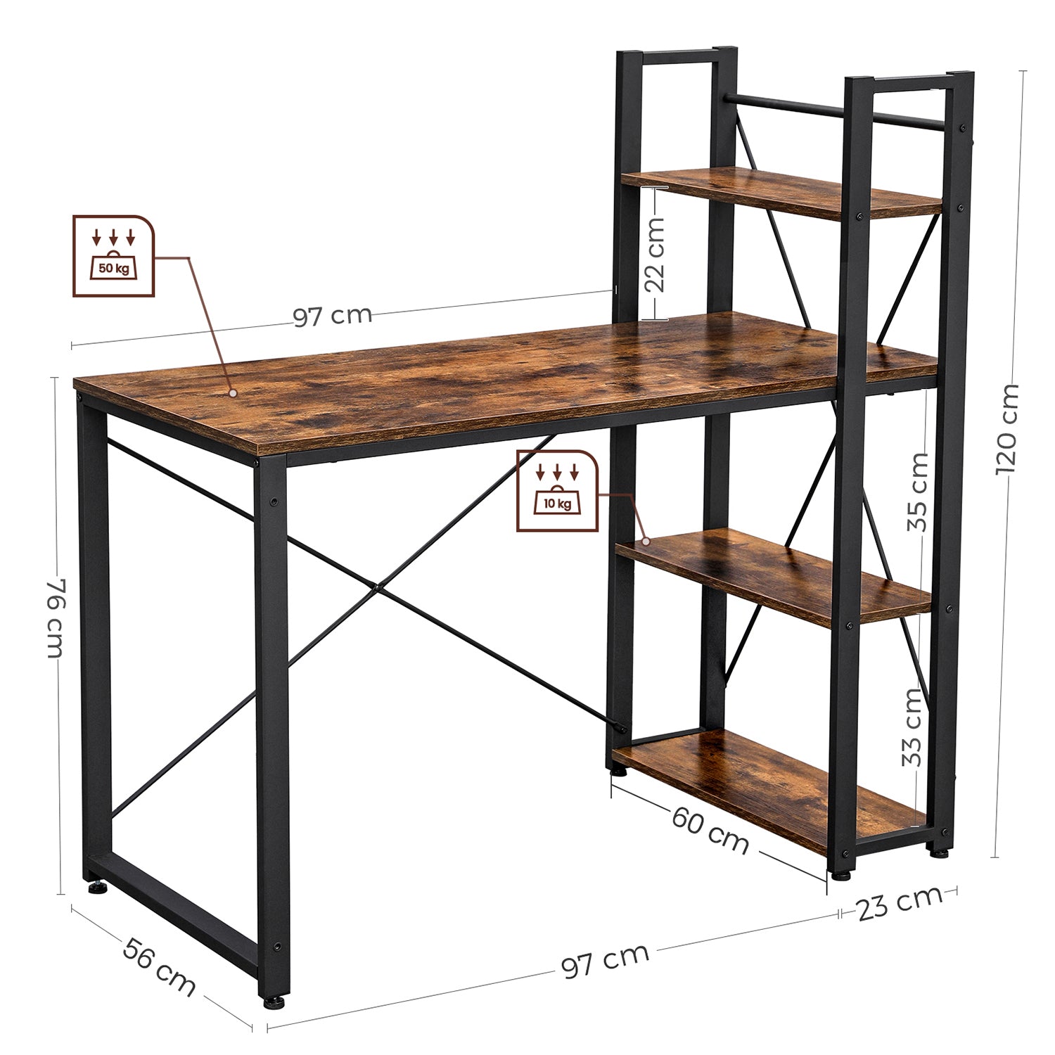 Schreibtisch 120 cm lang vintagebraun-schwarz
