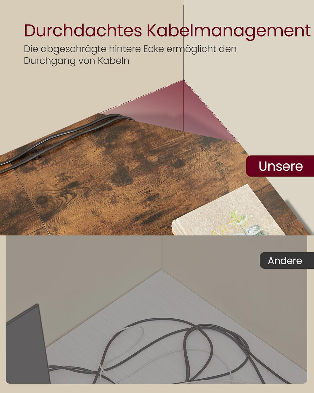 L-förmiger Computertisch vintagebraun-schwarz