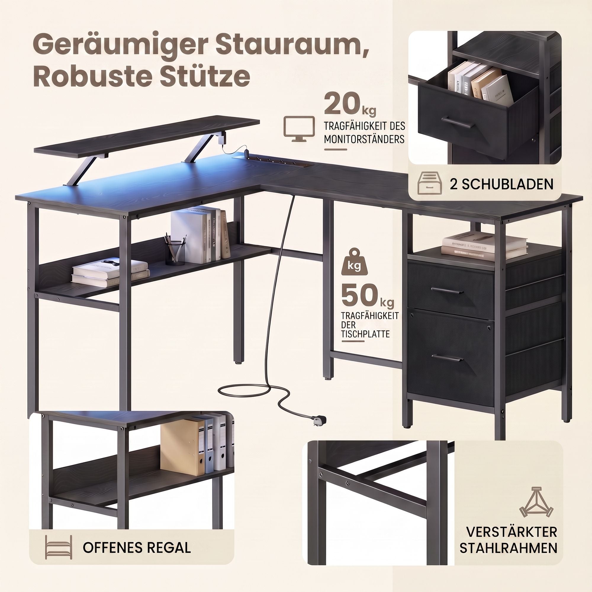 Schreibtisch in L-Form, Tisch mit Steckdosen, Eckschreibtisch