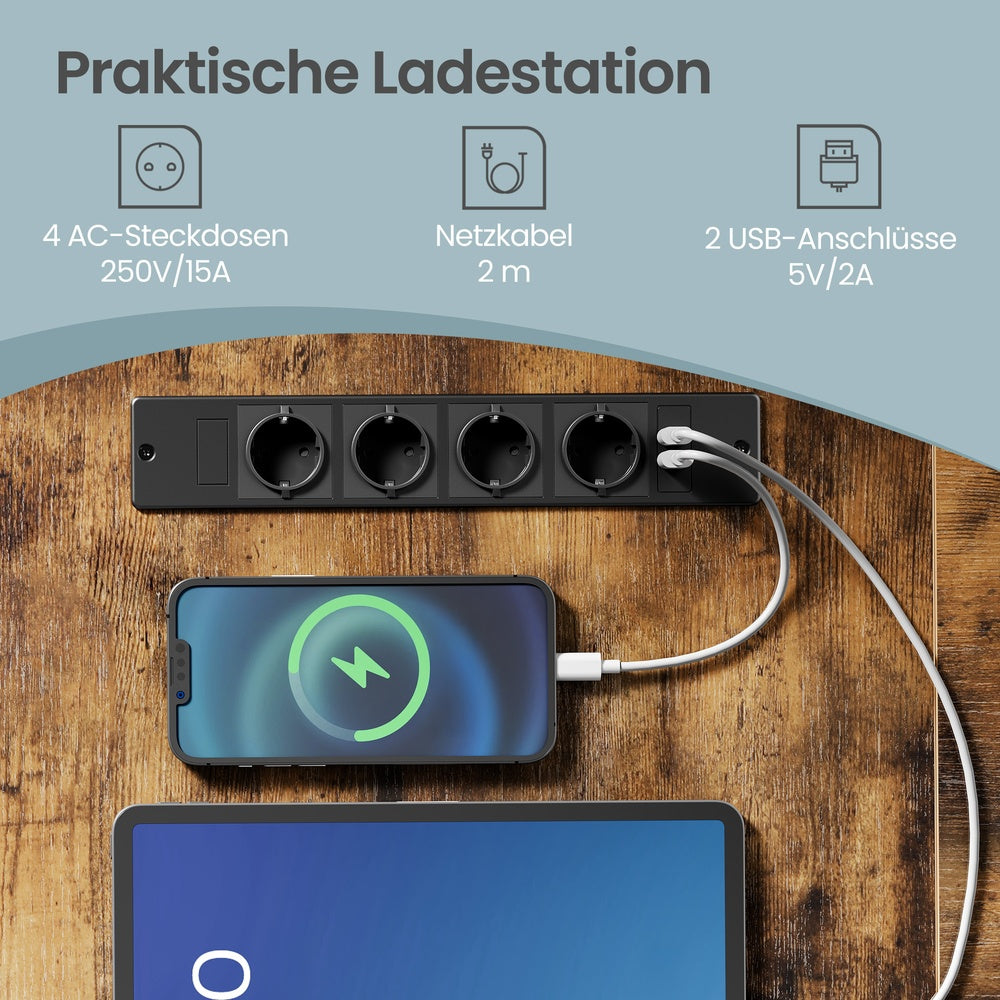 L-förmiger Schreibtisch mit Steckdosenleiste, Eckschreibtisch, Monitorerhöhung