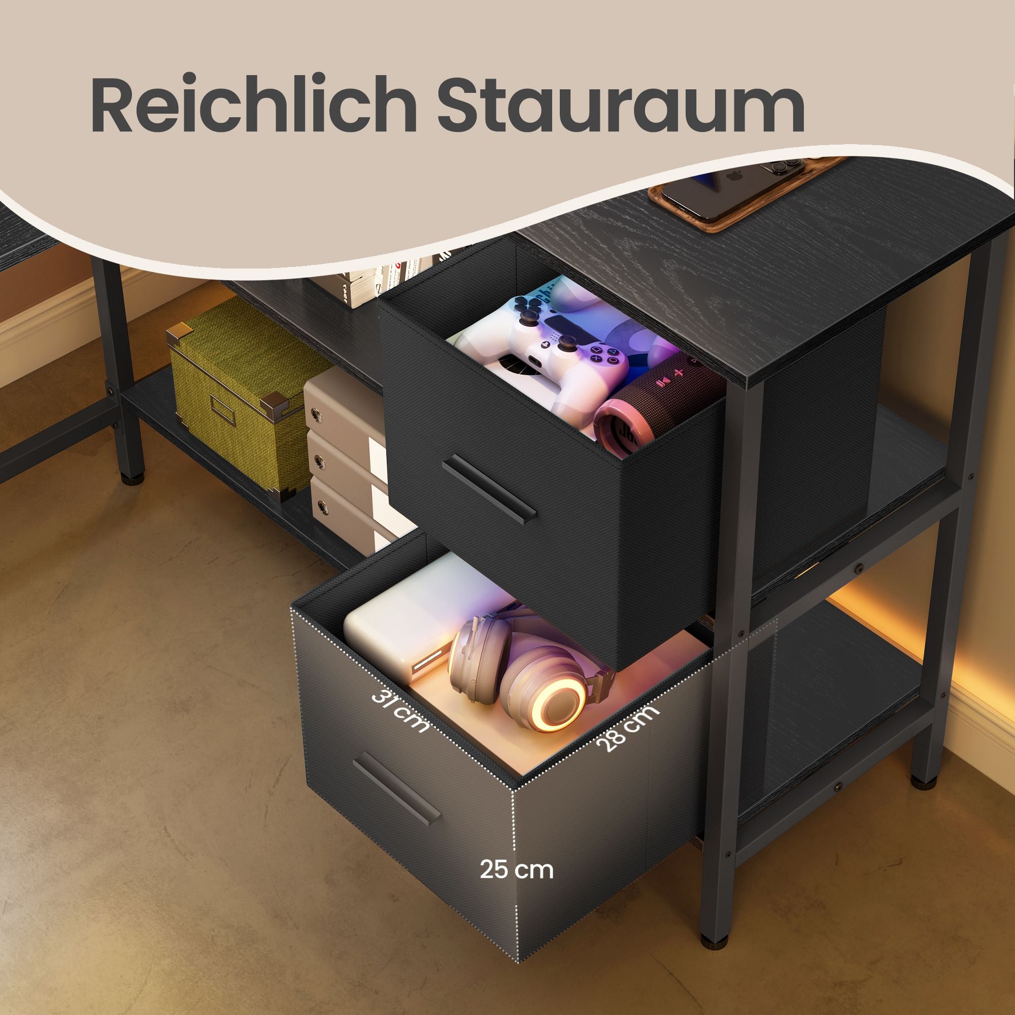 Schreibtisch in L-Form, Eckschreibtisch, mit 2 Schubladen