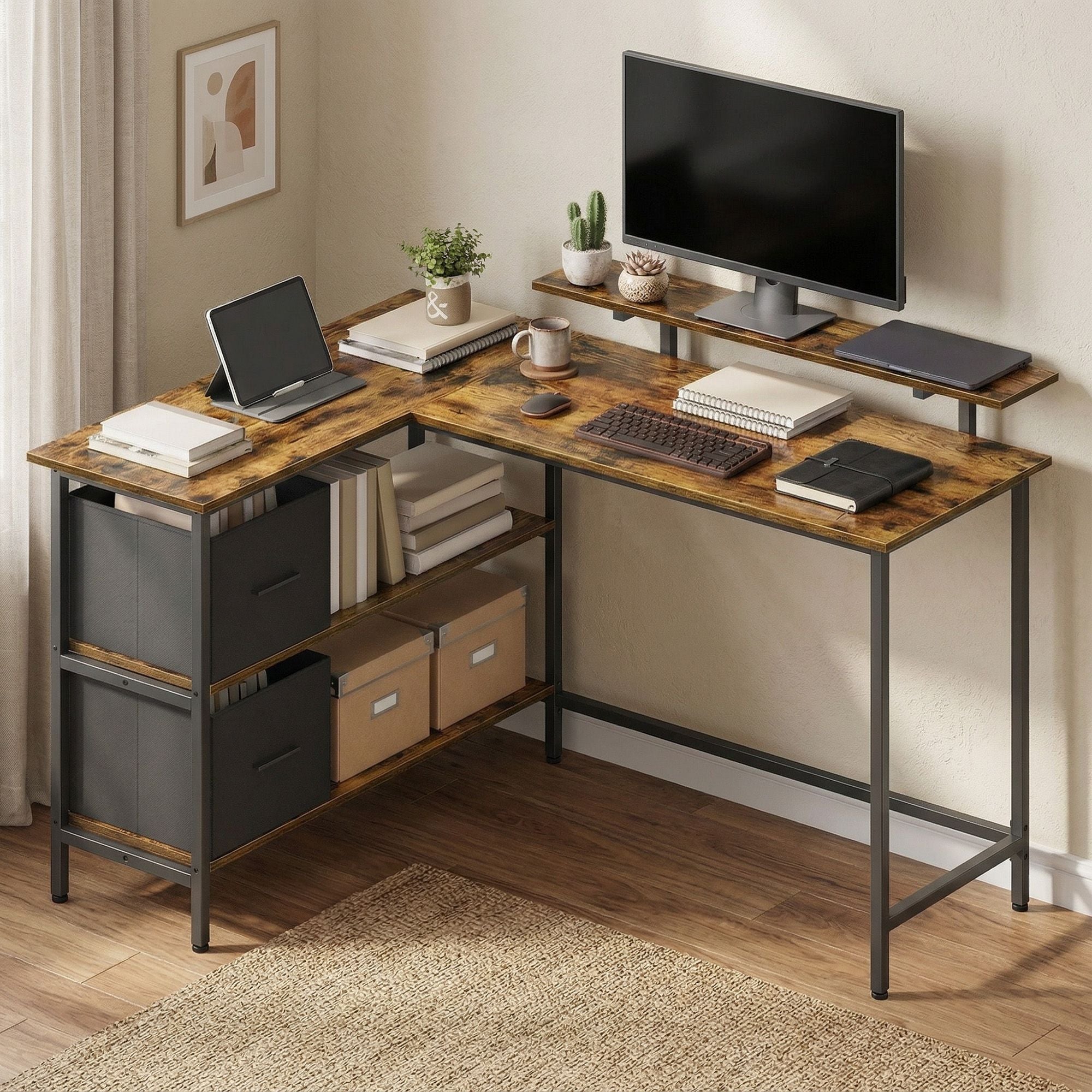Schreibtisch in L-Form, Eckschreibtisch, mit 2 Schubladen