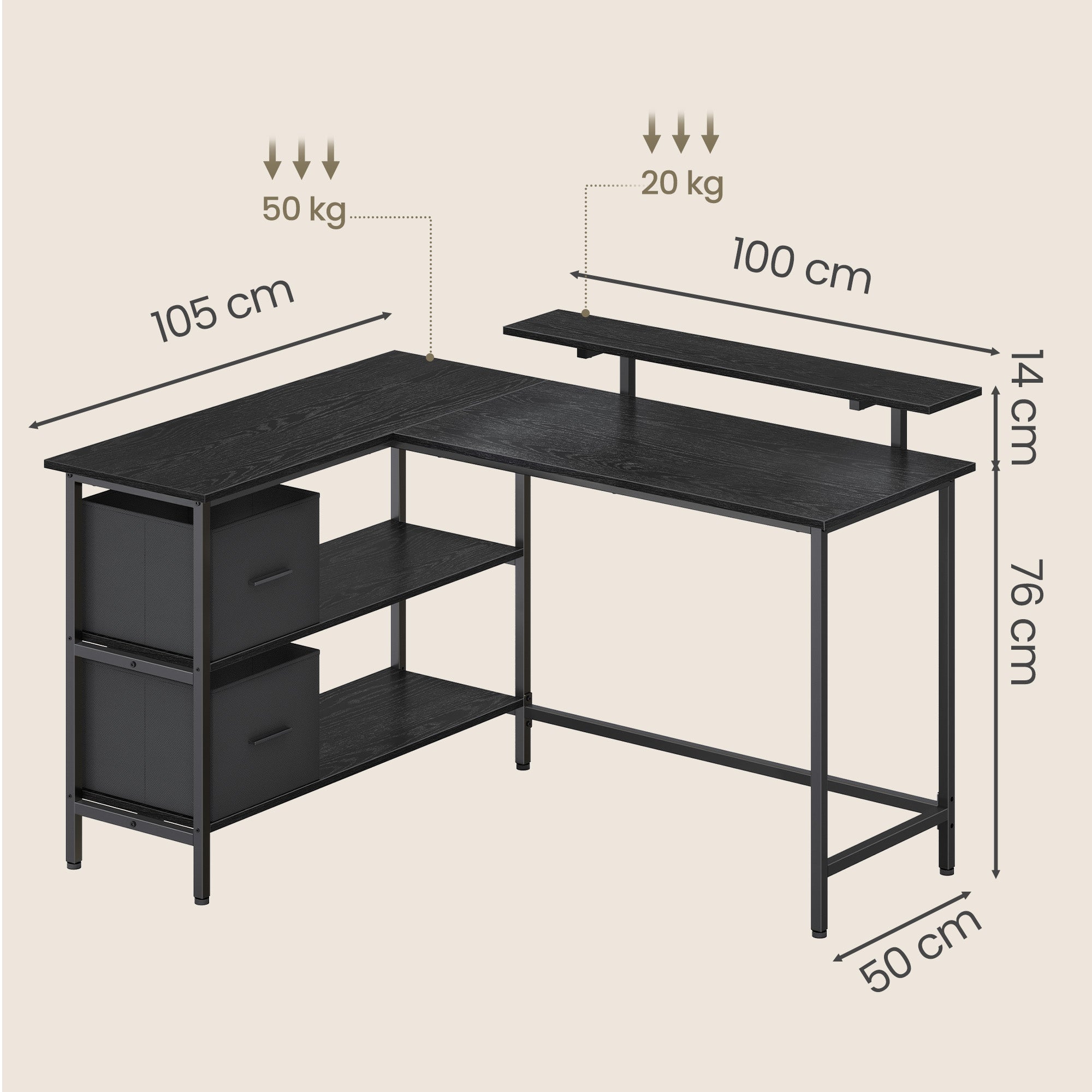 Schreibtisch in L-Form, Eckschreibtisch, mit 2 Schubladen