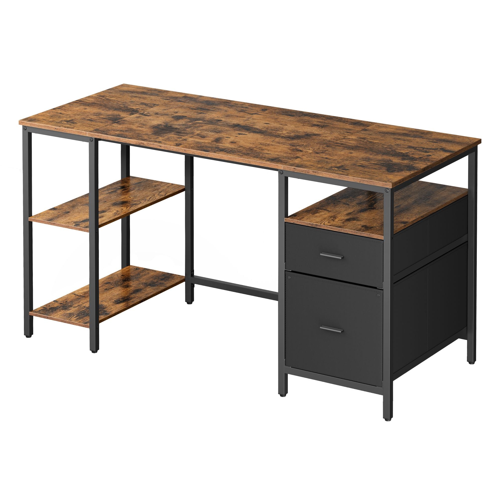 Schreibtisch mit 3 Ablagen, Bürotisch mit 2 Schubladen, 140 x 60 x 76 cm