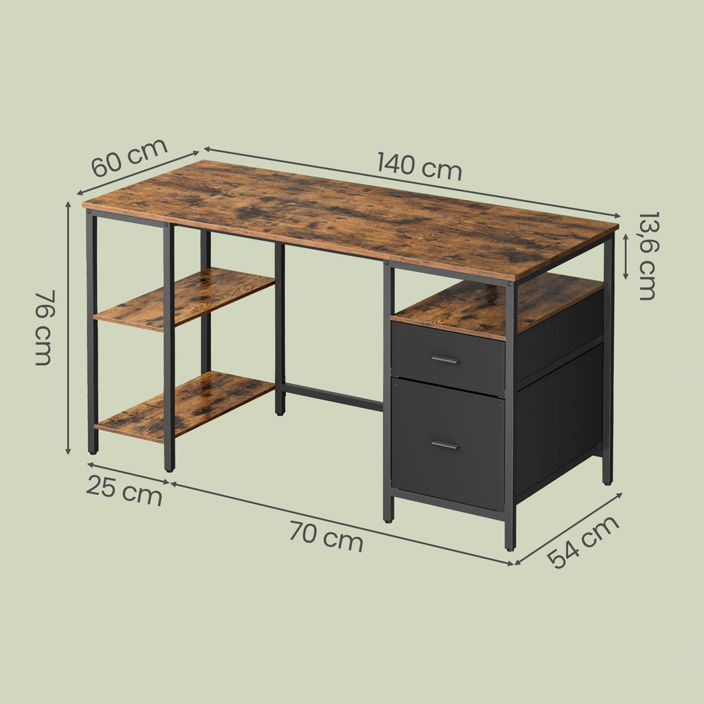 Schreibtisch mit 3 Ablagen, Bürotisch mit 2 Schubladen, 140 x 60 x 76 cm