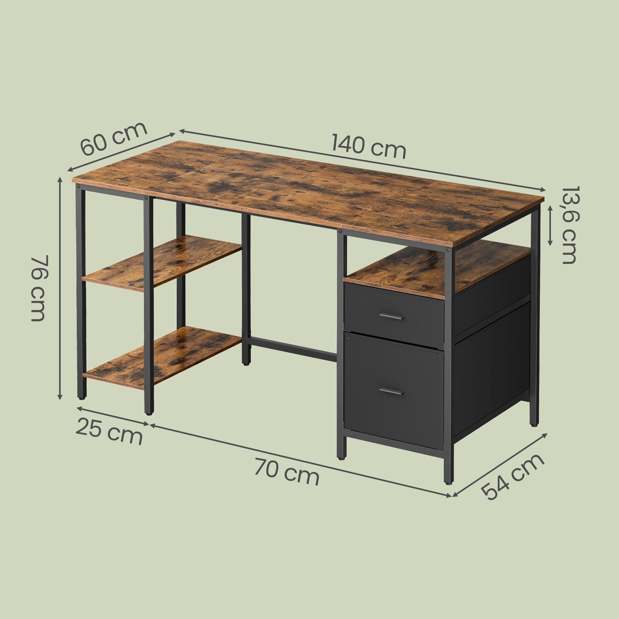Schreibtisch mit 3 Ablagen, Bürotisch mit 2 Schubladen, 140 x 60 x 76 cm