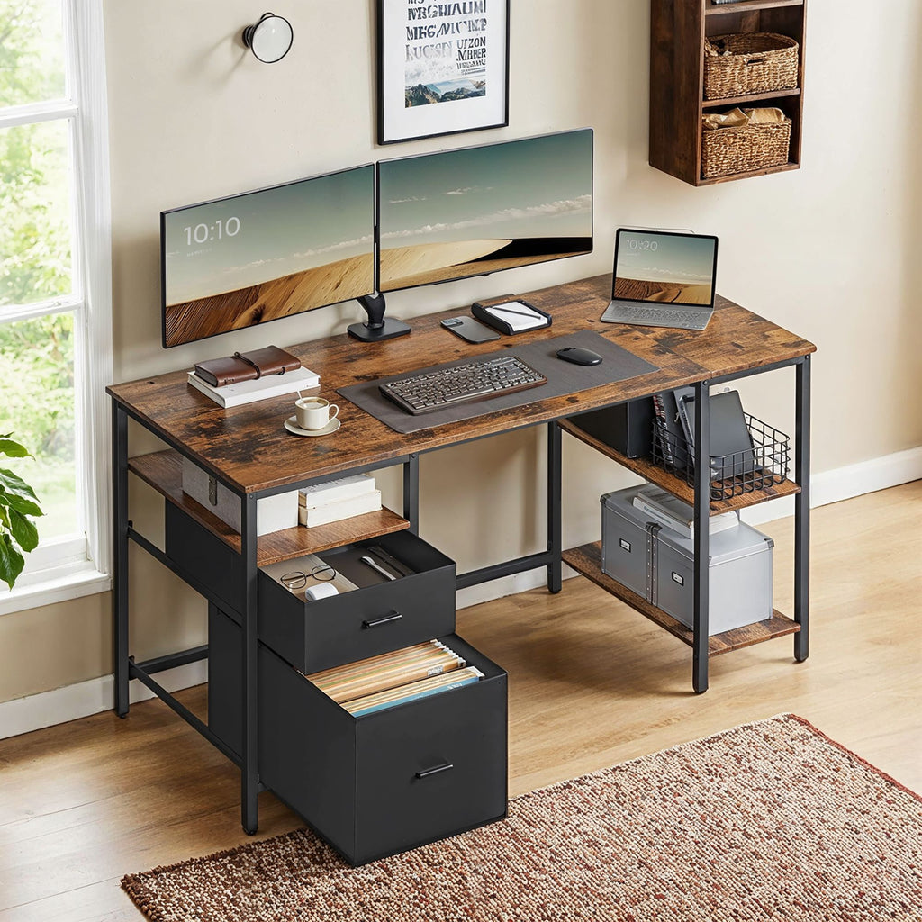 Schreibtisch mit 3 Ablagen, Bürotisch mit 2 Schubladen, 140 x 60 x 76 cm