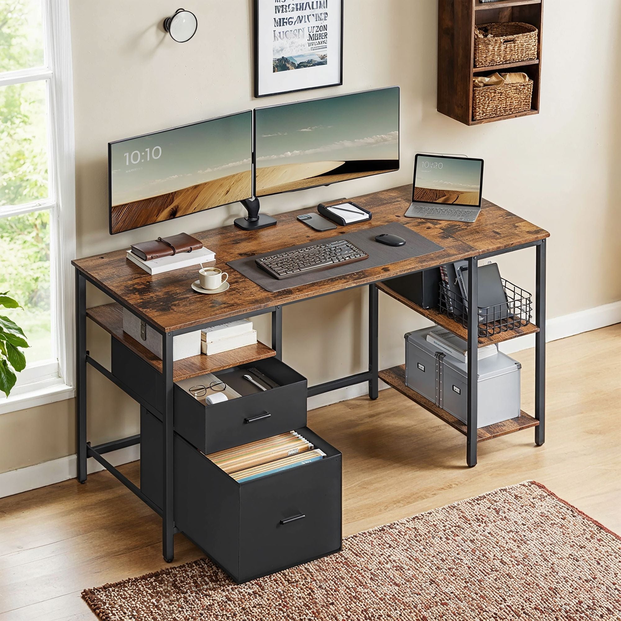 Schreibtisch mit 3 Ablagen, Bürotisch mit 2 Schubladen, 140 x 60 x 76 cm