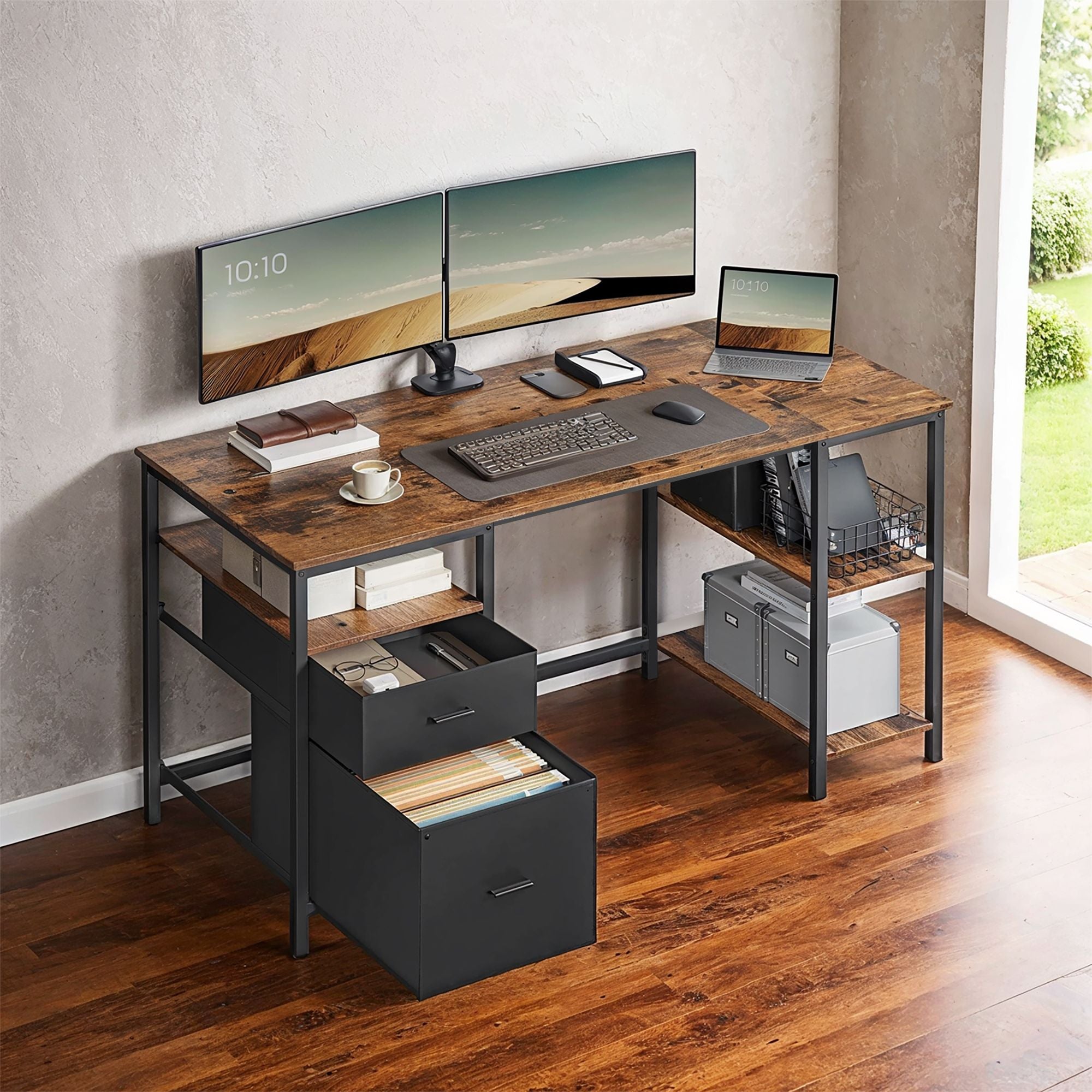 Schreibtisch mit 3 Ablagen, Bürotisch mit 2 Schubladen, 140 x 60 x 76 cm